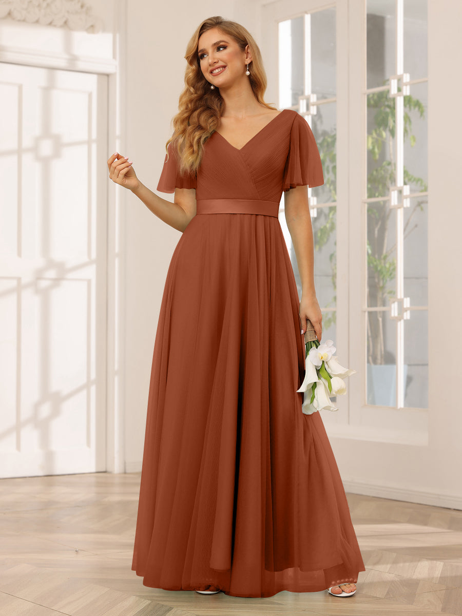Vestidos Princesa/ Formato A Em Tule Longo para Dama de Honra com Mangas
