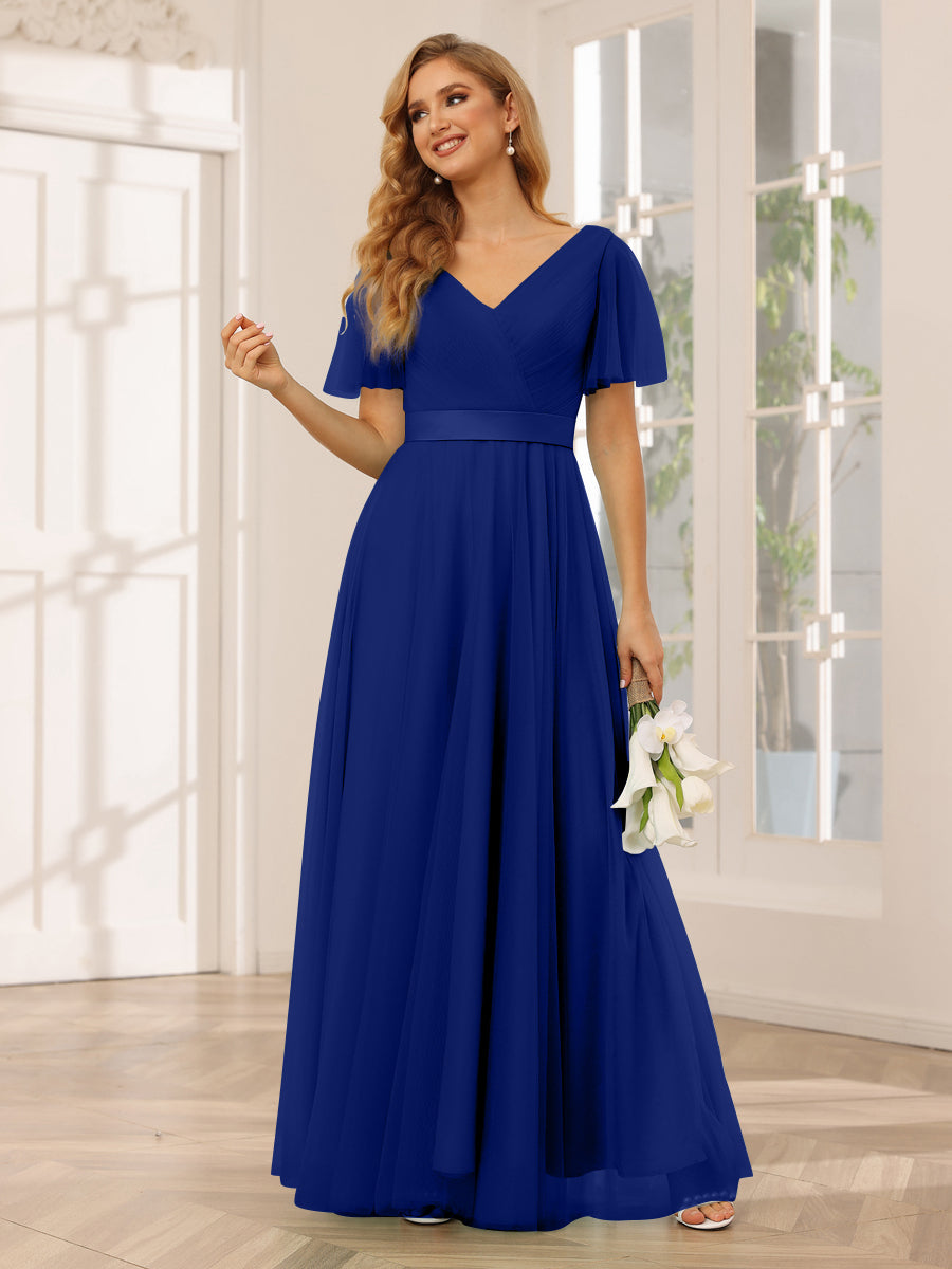 Vestidos Princesa/ Formato A Em Tule Longo para Dama de Honra com Mangas