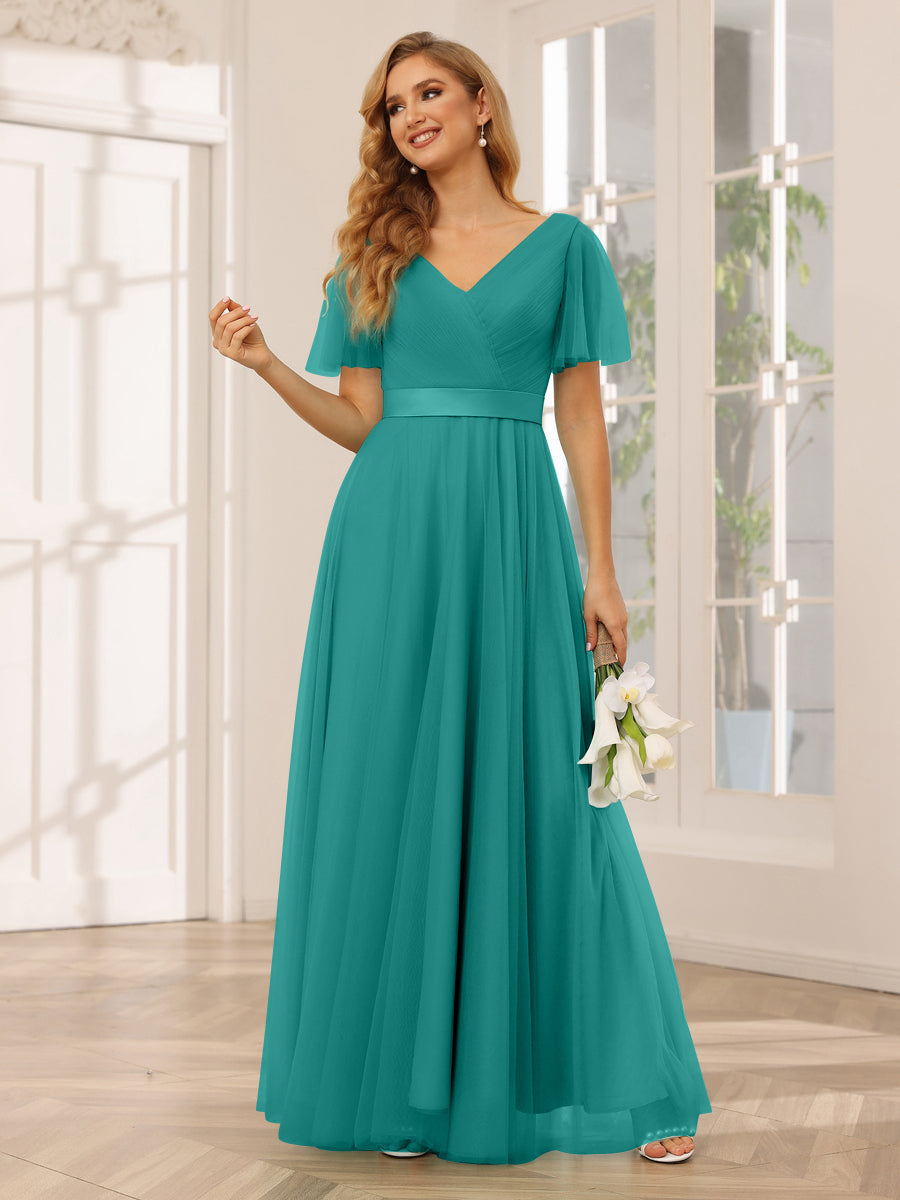 Vestidos Princesa/ Formato A Em Tule Longo para Dama de Honra com Mangas