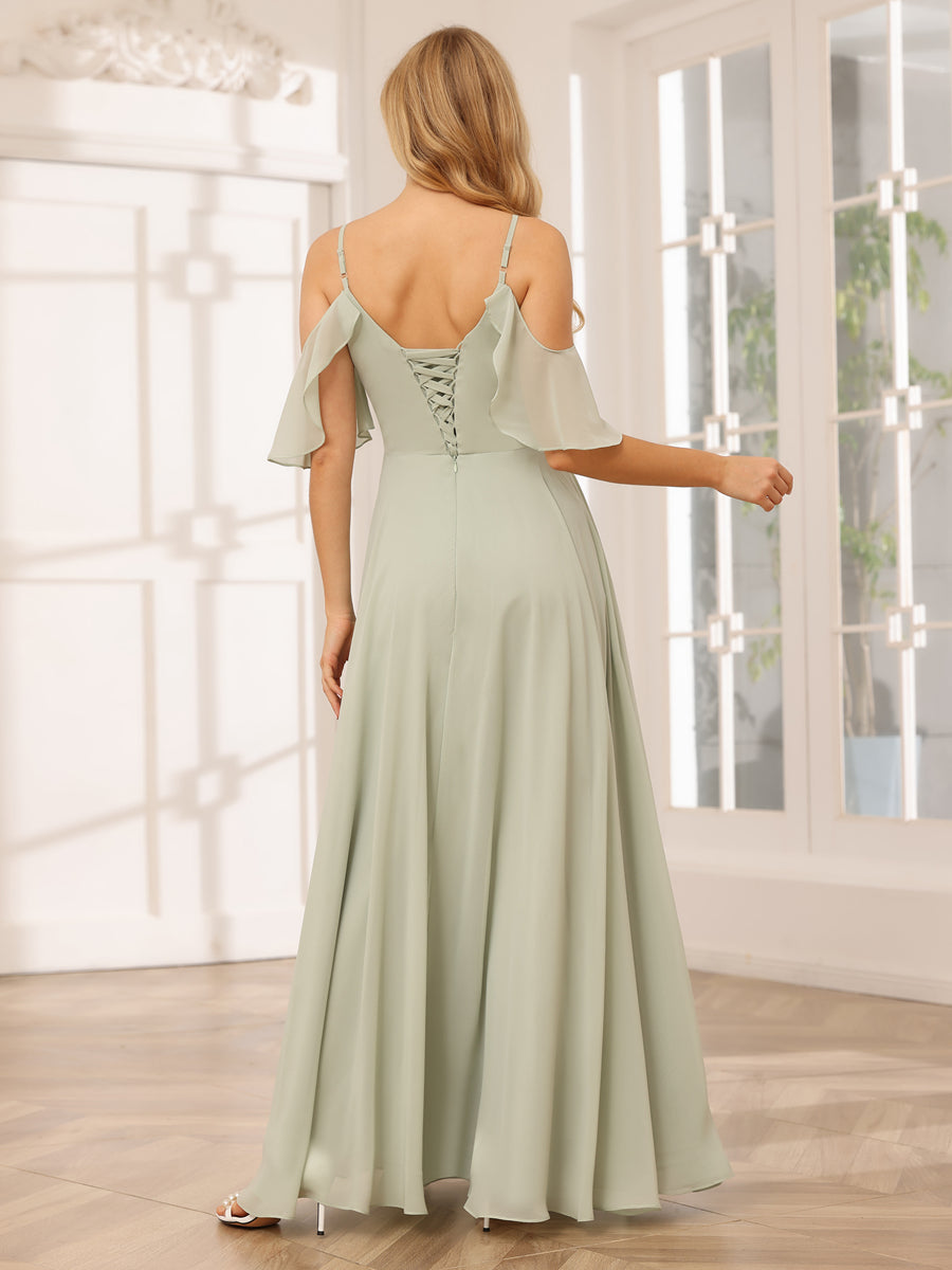 Vestidos de Dama de Honra Linha A/Princesa com Decote Em V e Alças Finas com Divisão Lateral