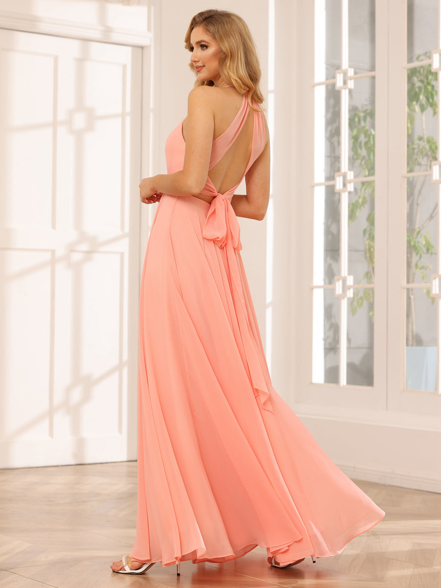 Vestidos Longos de Dama de Honra com Corte A/Princesa Halter e Lado Dividido