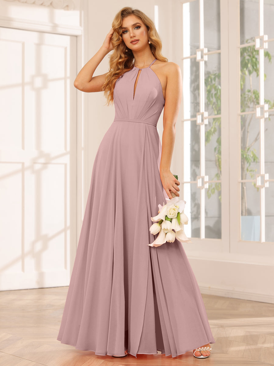 Vestidos Longos de Dama de Honra com Corte A/Princesa Halter e Lado Dividido
