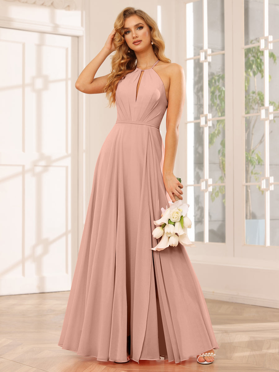Vestidos Longos de Dama de Honra com Corte A/Princesa Halter e Lado Dividido