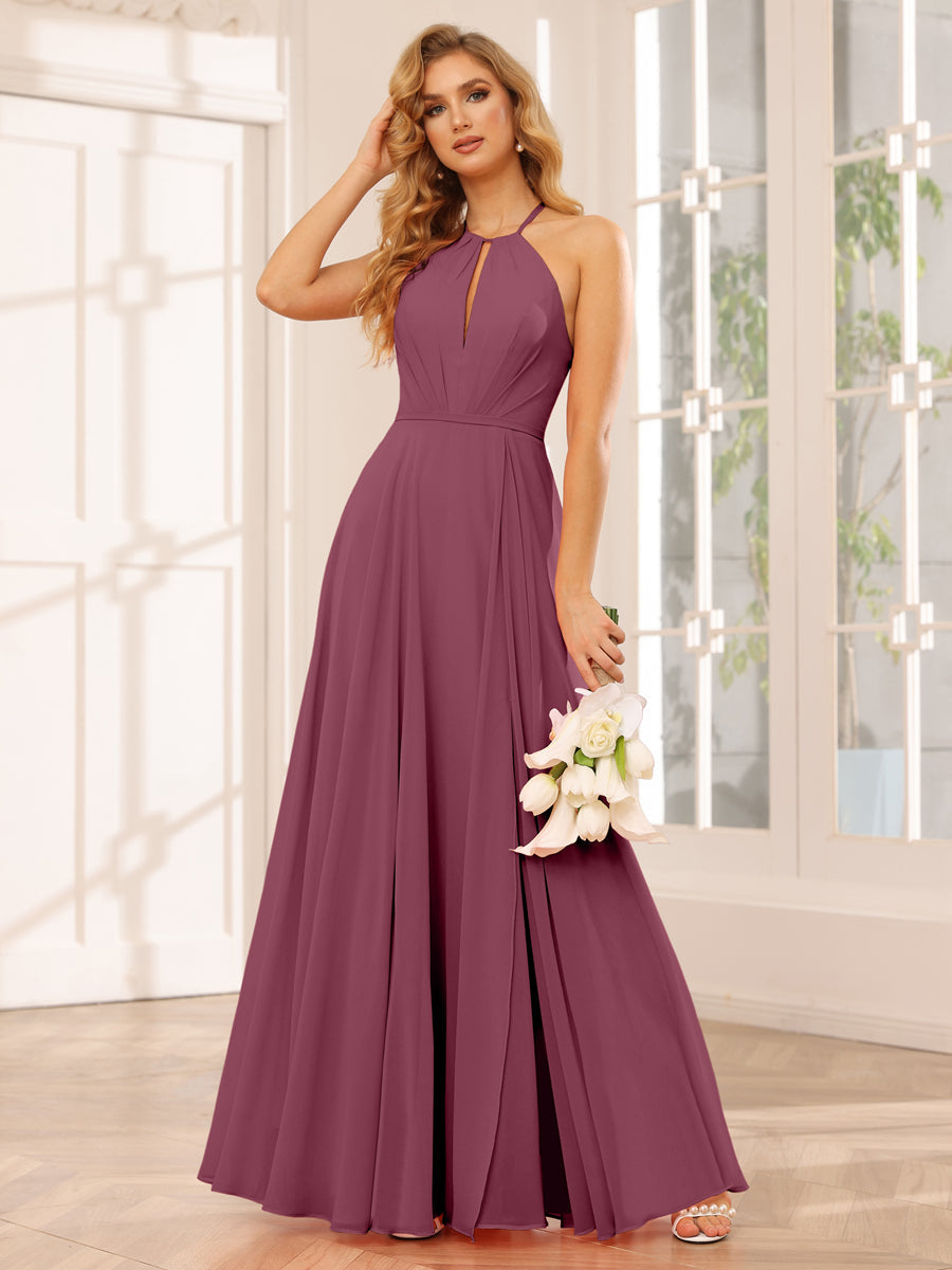 Vestidos Longos de Dama de Honra com Corte A/Princesa Halter e Lado Dividido