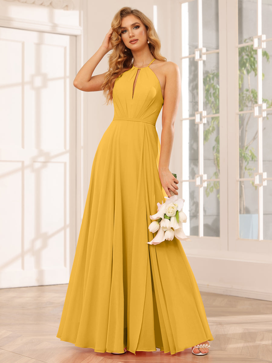 Vestidos Longos de Dama de Honra com Corte A/Princesa Halter e Lado Dividido
