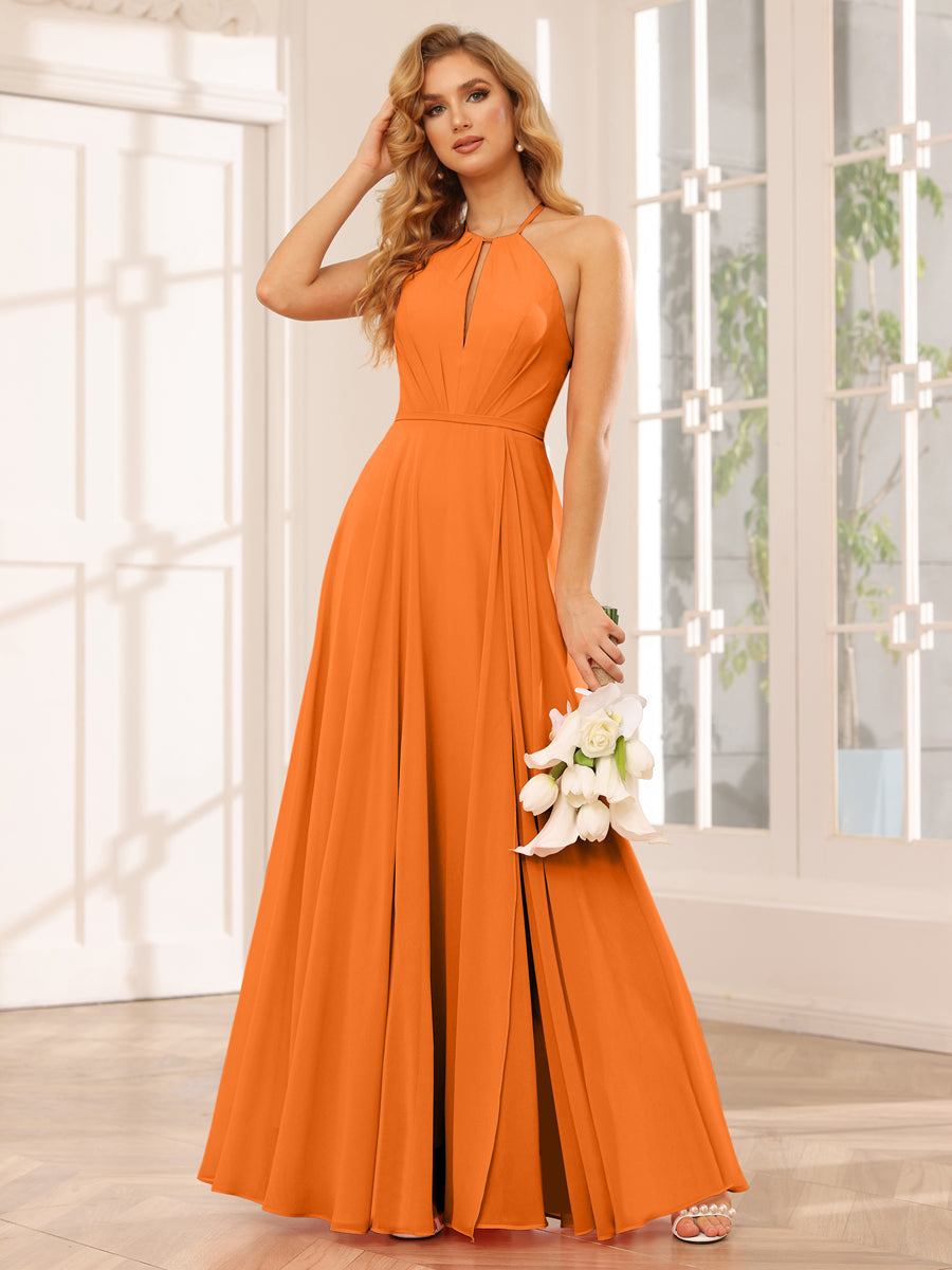 Vestidos Longos de Dama de Honra com Corte A/Princesa Halter e Lado Dividido