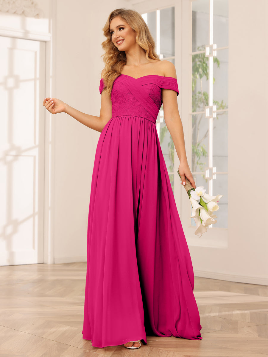 Vestidos Longos de Dama de Honra com Ombros de Fora Evasê/Princesa com Apliques