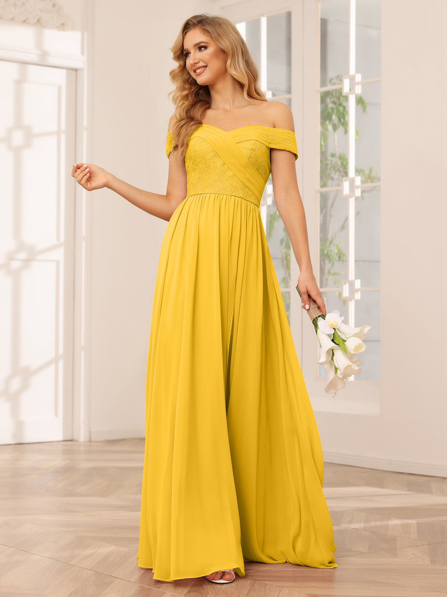Vestidos Longos de Dama de Honra com Ombros de Fora Evasê/Princesa com Apliques
