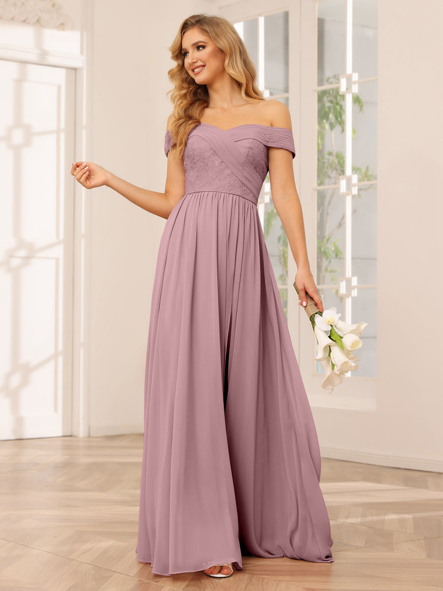 Vestidos Longos de Dama de Honra com Ombros de Fora Evasê/Princesa com Apliques