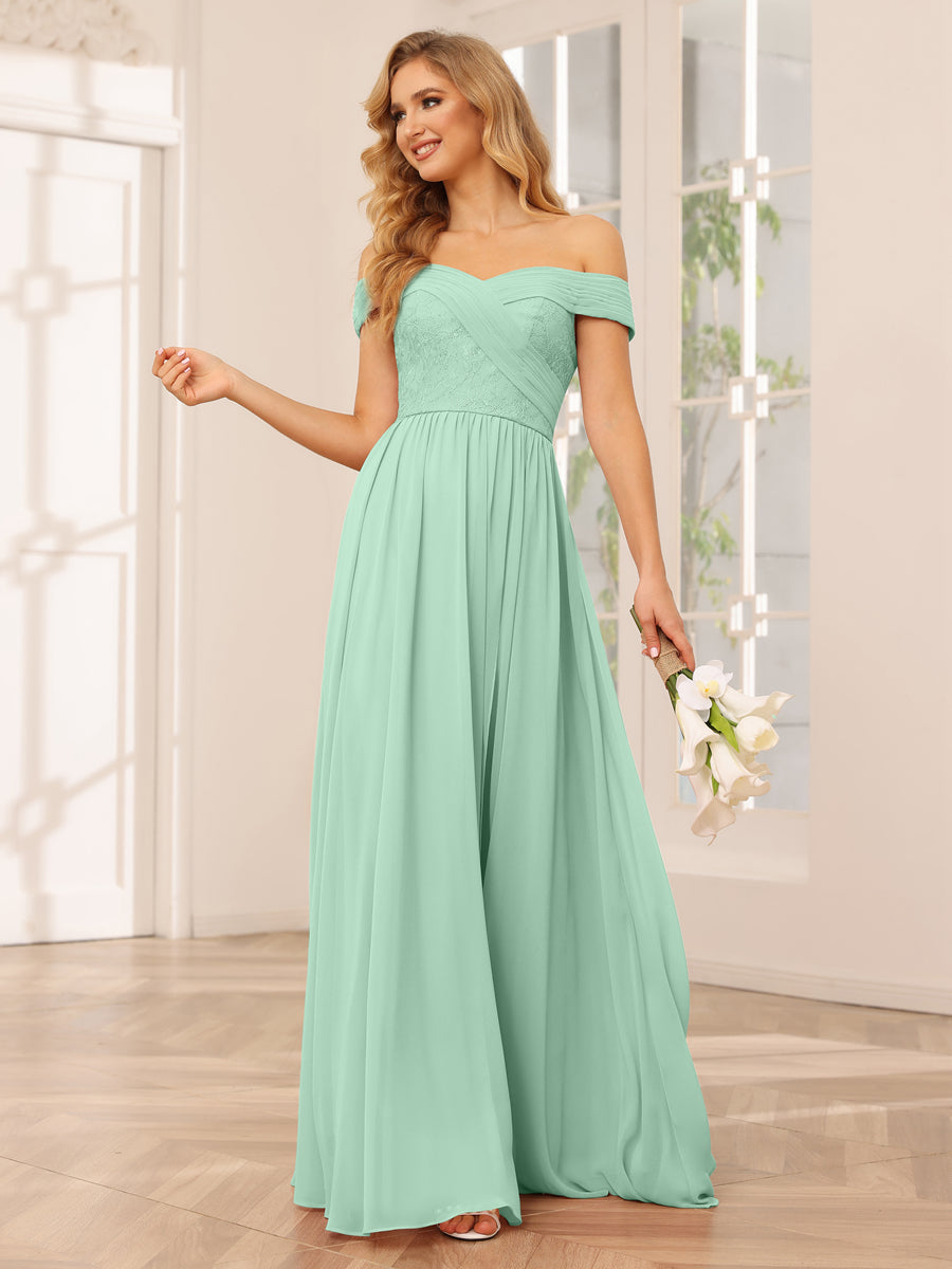 Vestidos Longos de Dama de Honra com Ombros de Fora Evasê/Princesa com Apliques