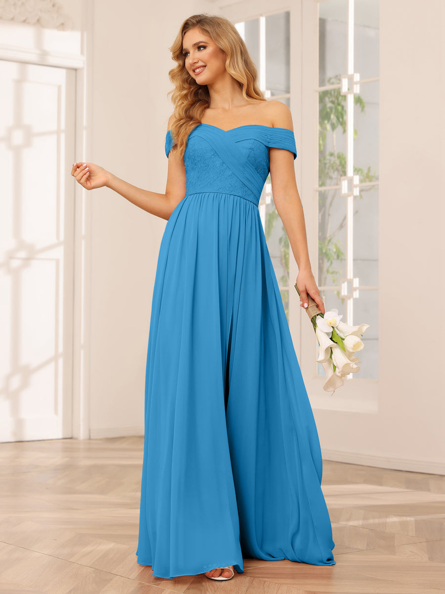 Vestidos Longos de Dama de Honra com Ombros de Fora Evasê/Princesa com Apliques