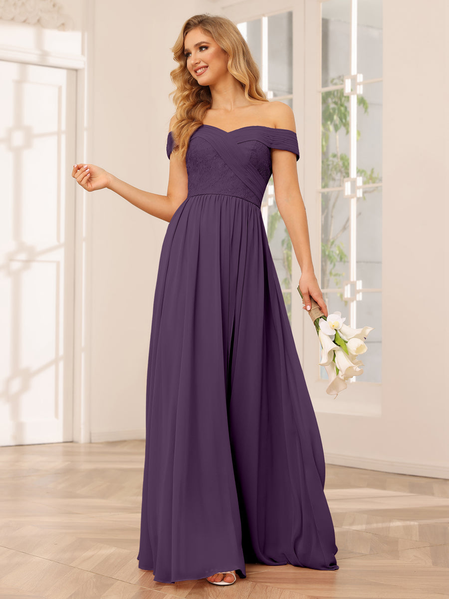 Vestidos Longos de Dama de Honra com Ombros de Fora Evasê/Princesa com Apliques
