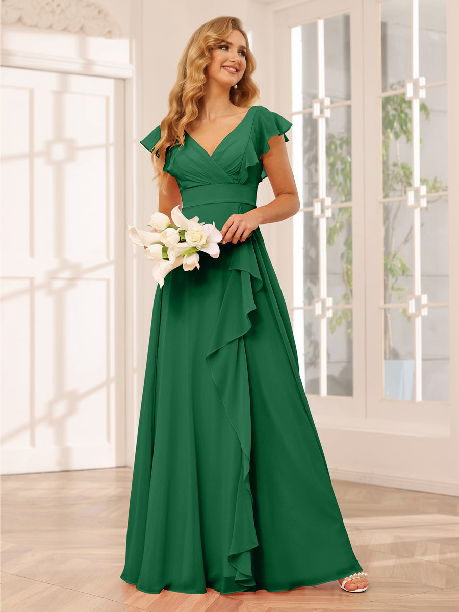 Vestidos Longos de Dama de Honra Evasê/Princesa com Decote Em V e Babados