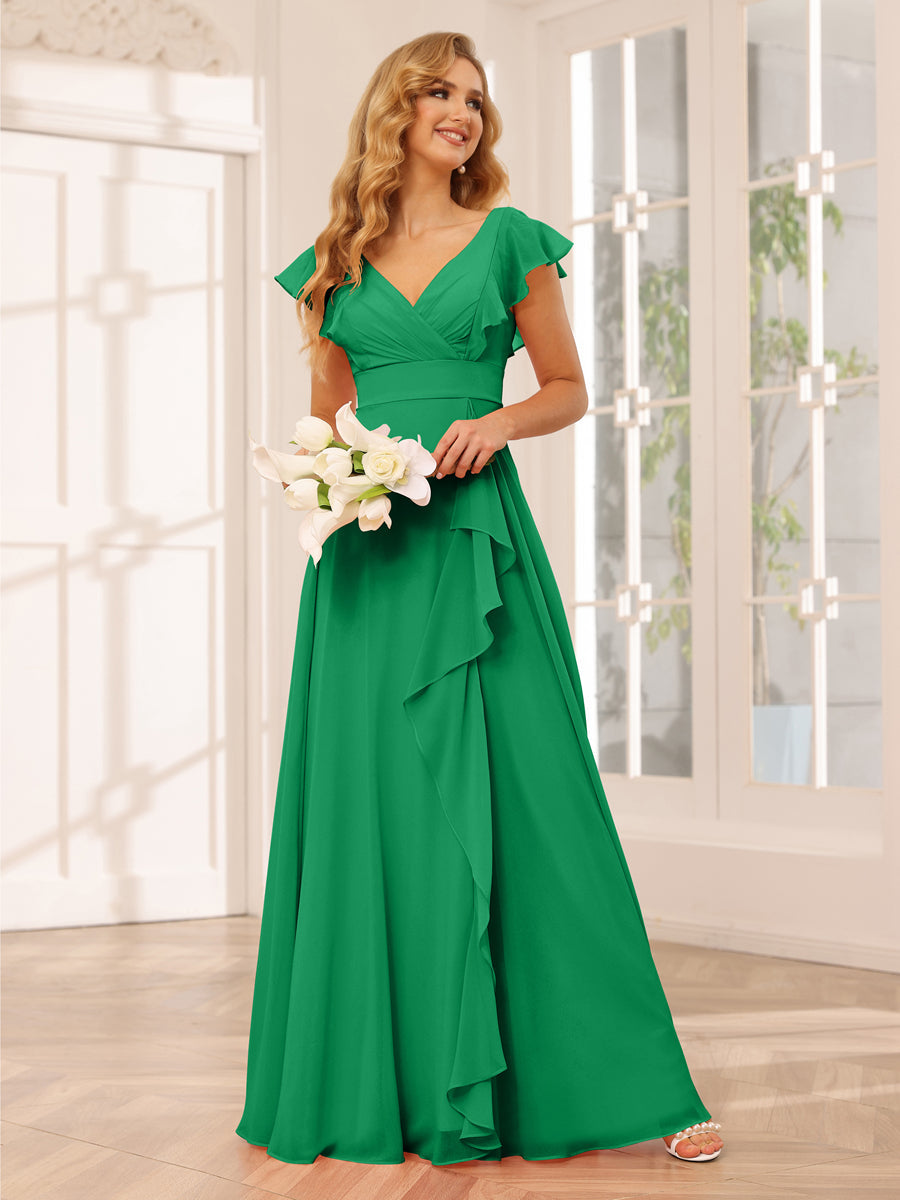 Vestidos Longos de Dama de Honra Evasê/Princesa com Decote Em V e Babados