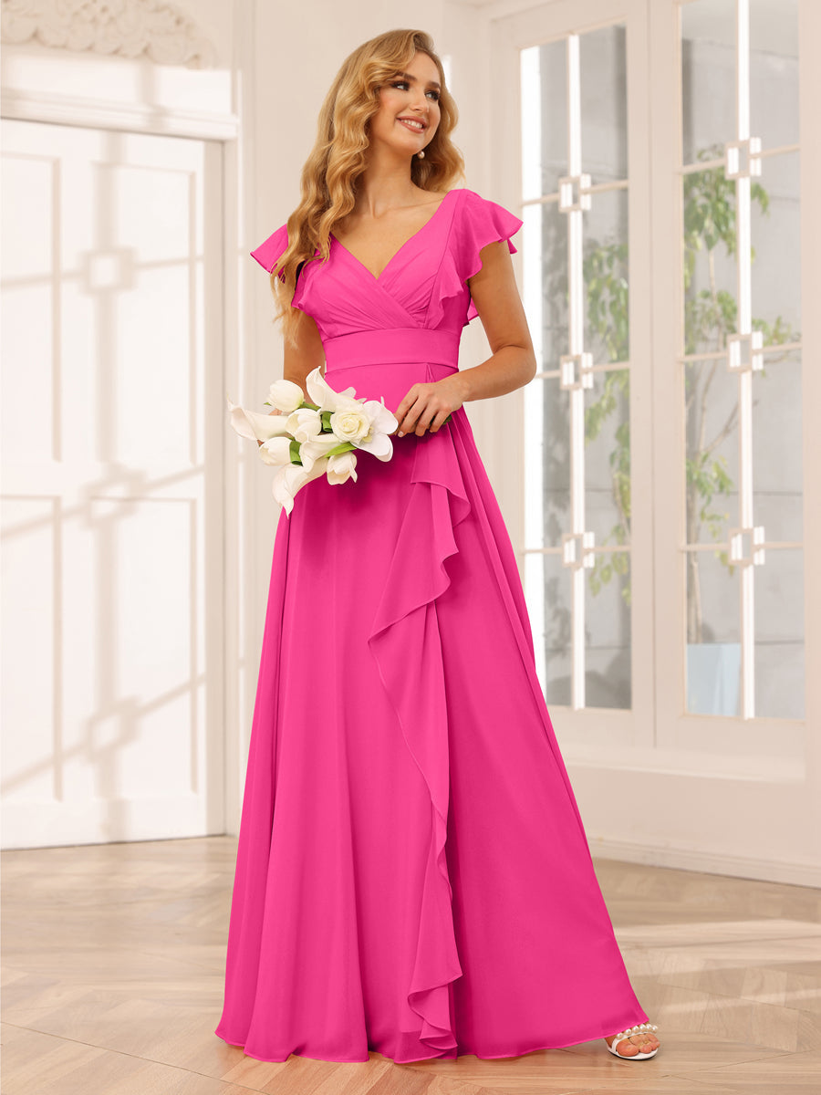 Vestidos Longos de Dama de Honra Evasê/Princesa com Decote Em V e Babados