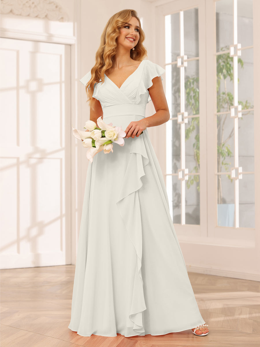 Vestidos Longos de Dama de Honra Evasê/Princesa com Decote Em V e Babados