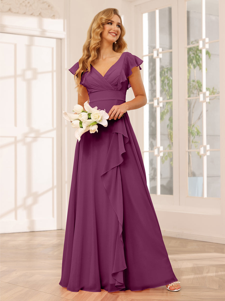 Vestidos Longos de Dama de Honra Evasê/Princesa com Decote Em V e Babados