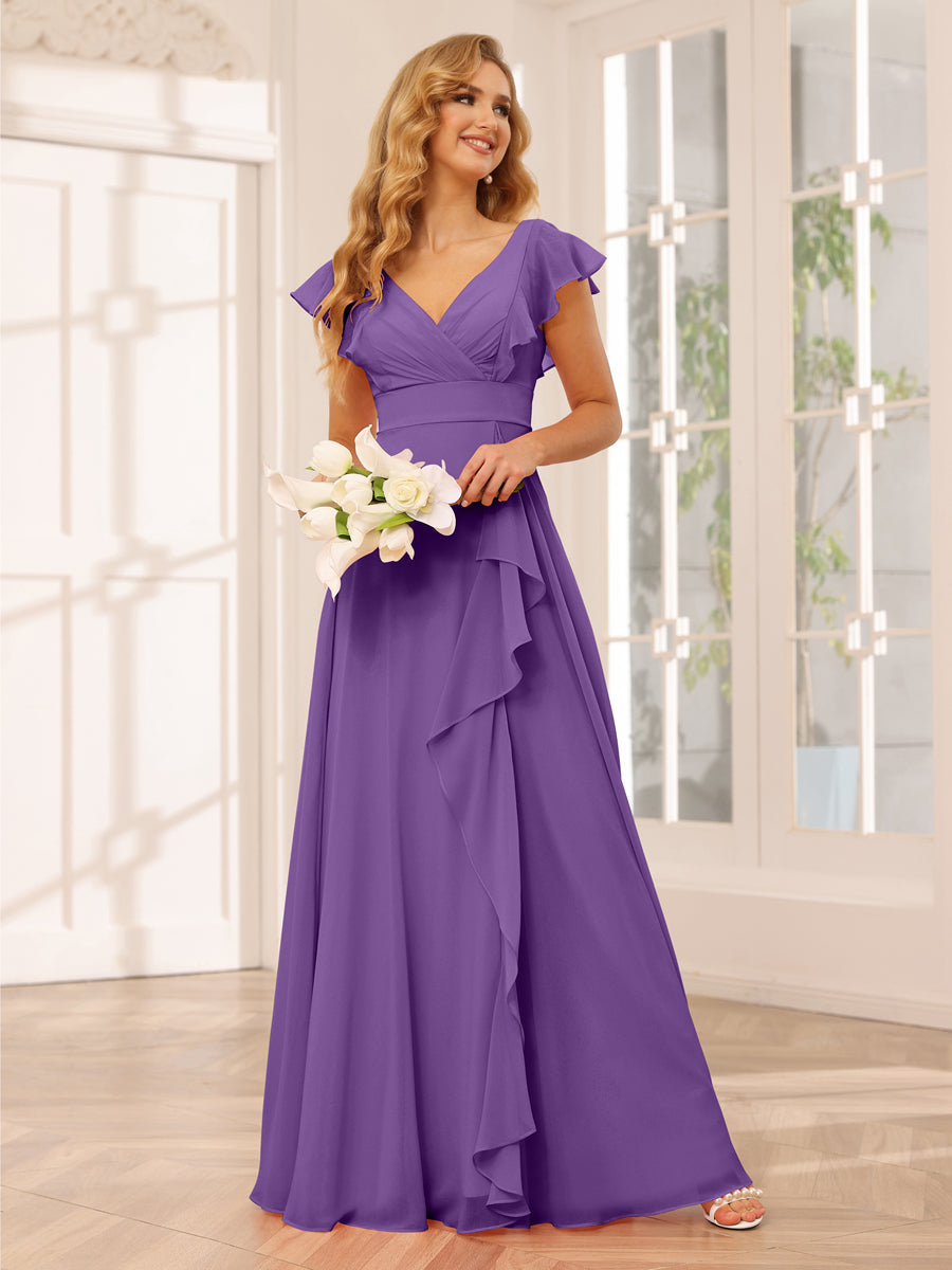Vestidos Longos de Dama de Honra Evasê/Princesa com Decote Em V e Babados