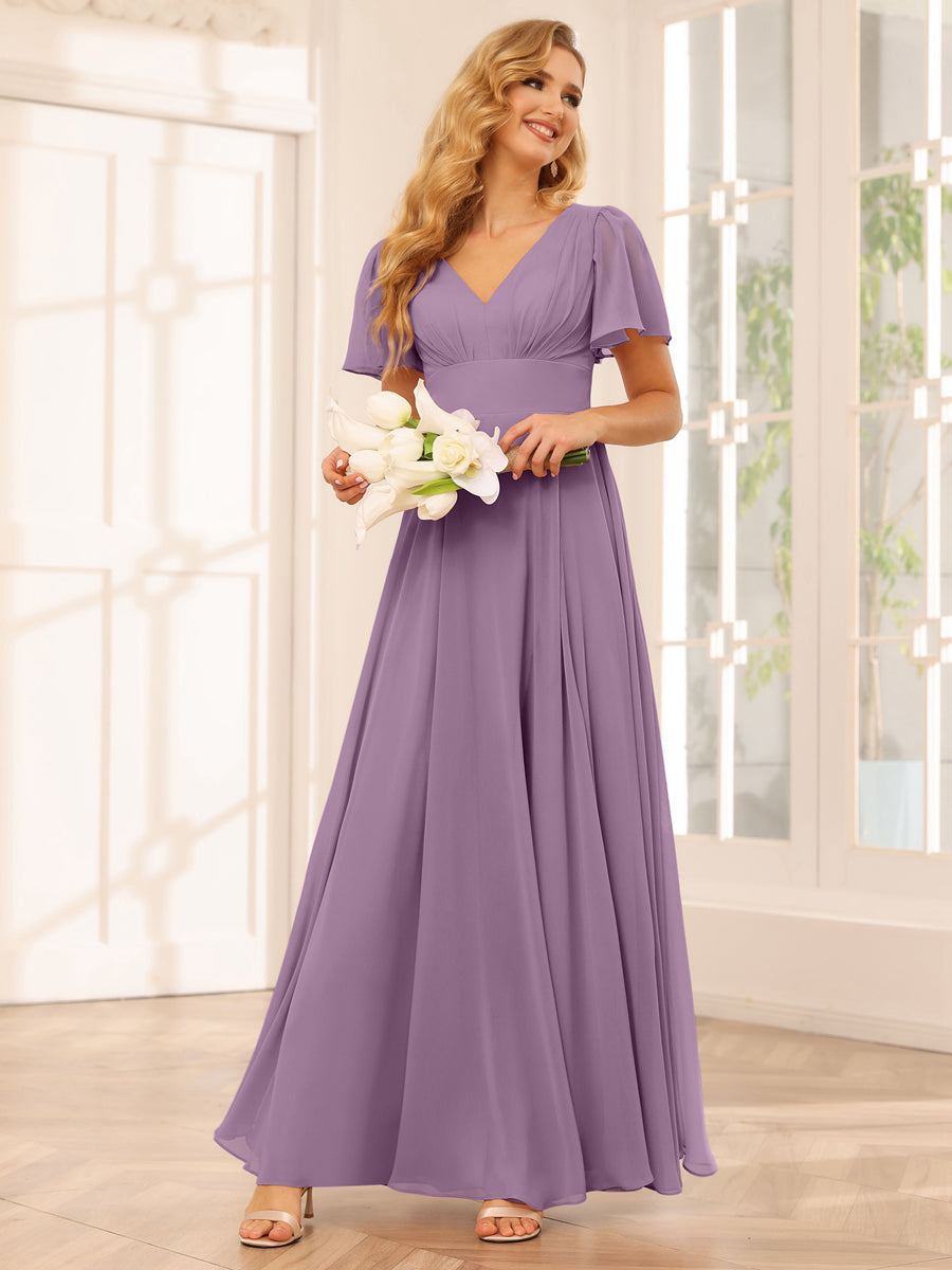 Vestidos Longos de Dama de Honra Evasê/Princesa com Decote Em V e Laterais Divididas