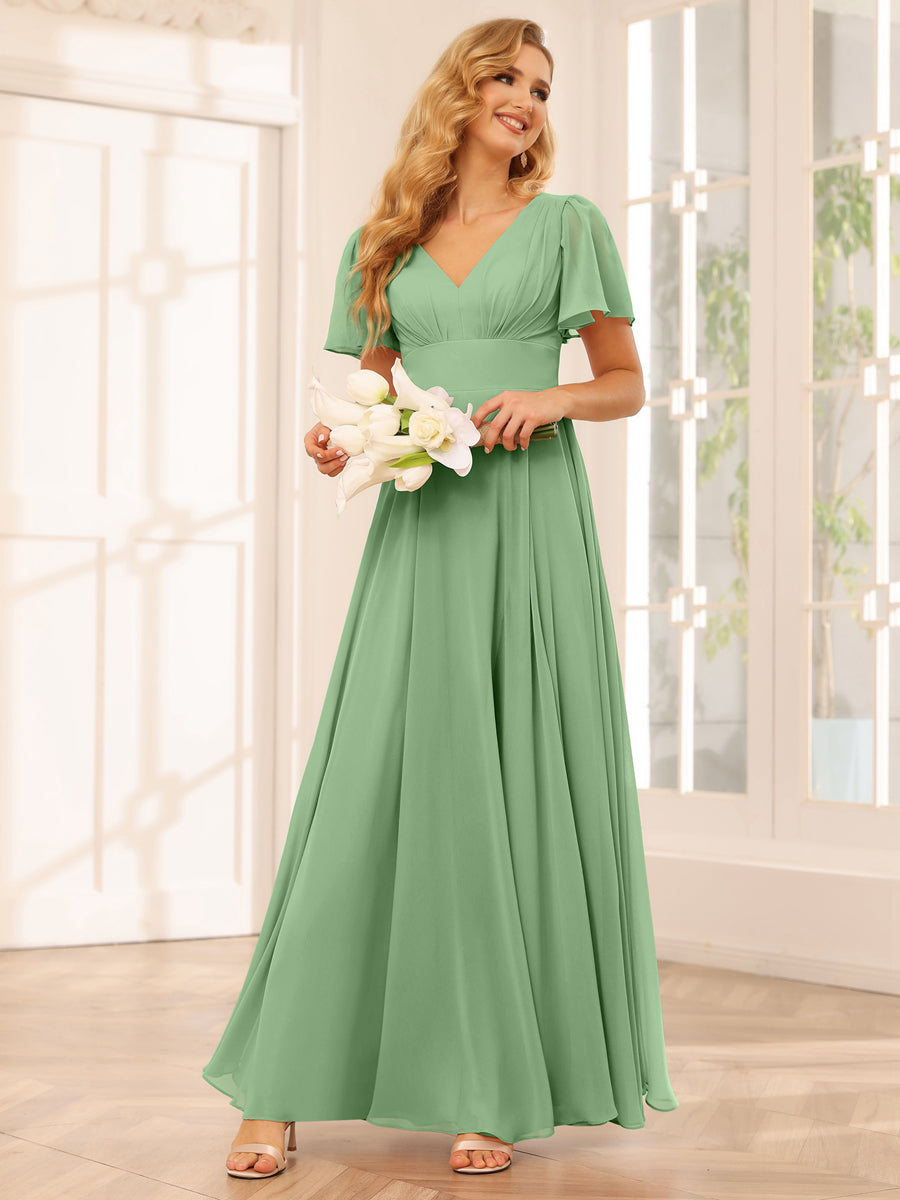 Vestidos Longos de Dama de Honra Evasê/Princesa com Decote Em V e Laterais Divididas