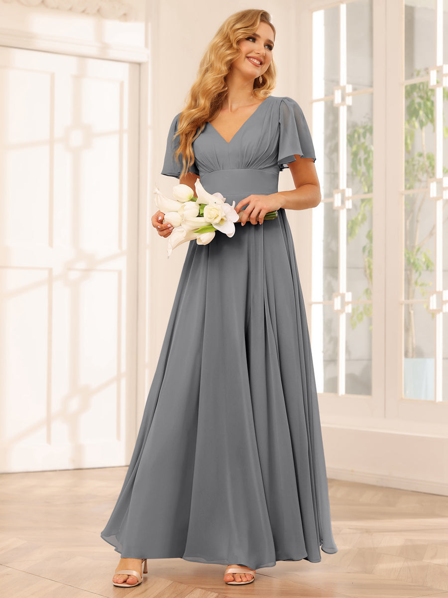Vestidos Longos de Dama de Honra Evasê/Princesa com Decote Em V e Laterais Divididas