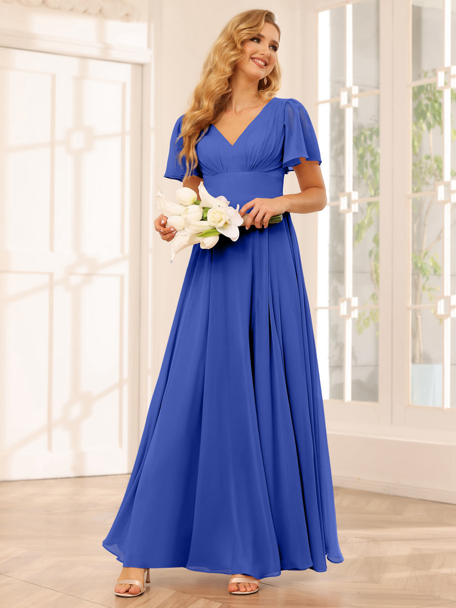 Vestidos Longos de Dama de Honra Evasê/Princesa com Decote Em V e Laterais Divididas