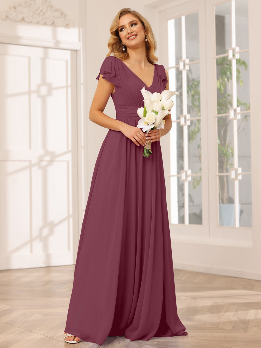 Vestidos Longos de Dama de Honra Evasê/Princesa com Decote Em V e Babados