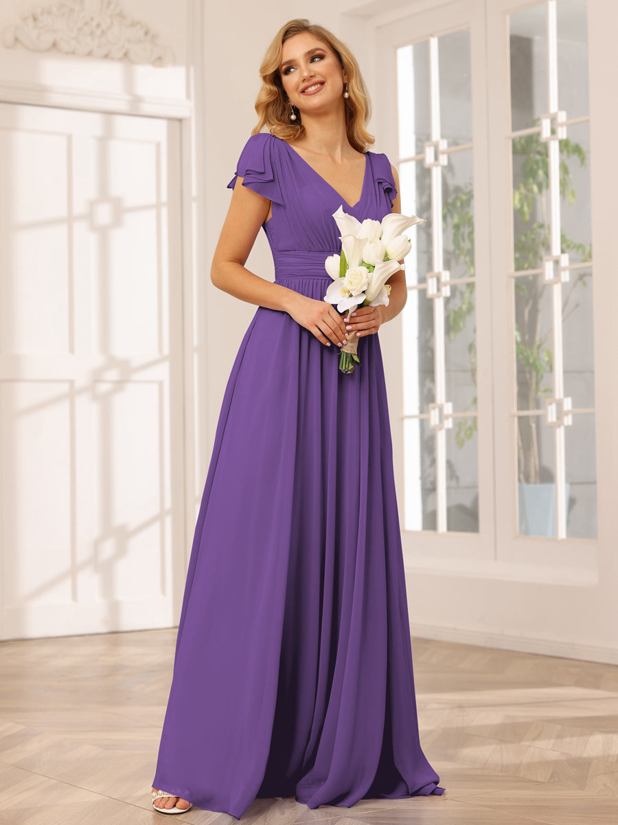 Vestidos Longos de Dama de Honra Evasê/Princesa com Decote Em V e Babados