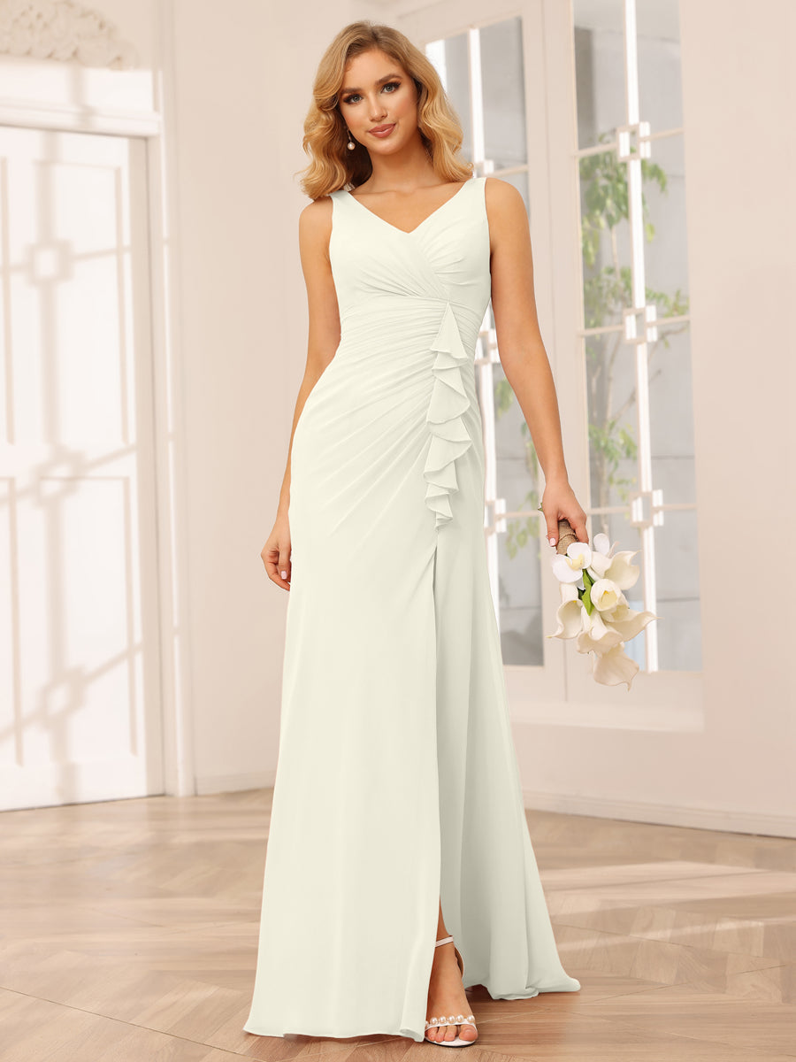 Vestidos Longos de Dama de Honra com Bainha/Coluna e Decote Em V com Lado Dividido