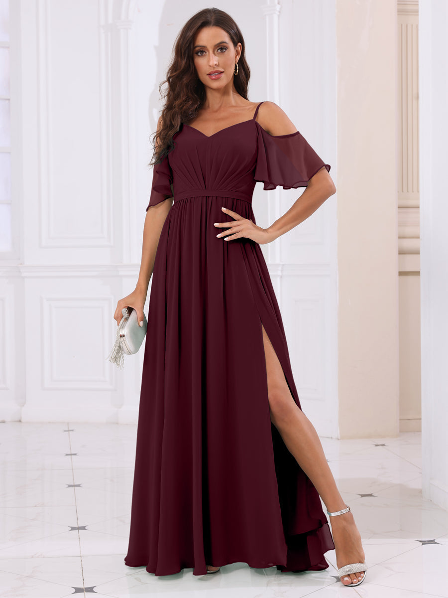 A-Line/Princesa Alças Finas Vestidos Longos de Dama de Honra com Lado Dividido