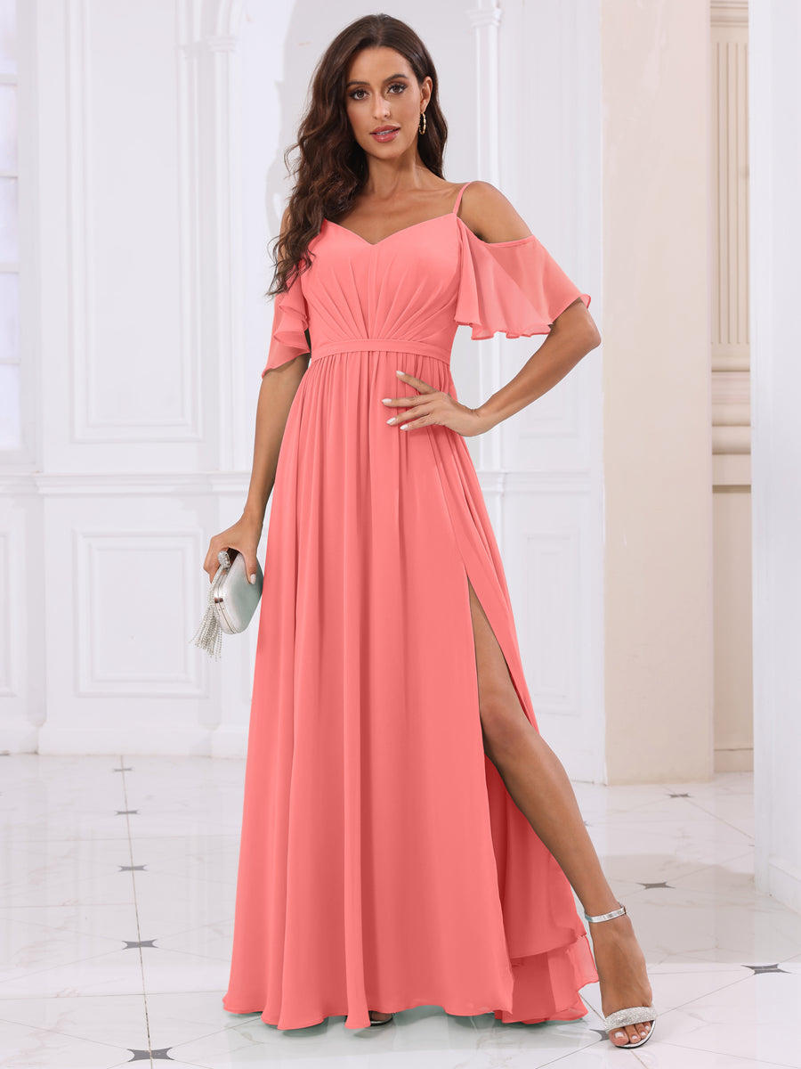 A-Line/Princesa Alças Finas Vestidos Longos de Dama de Honra com Lado Dividido
