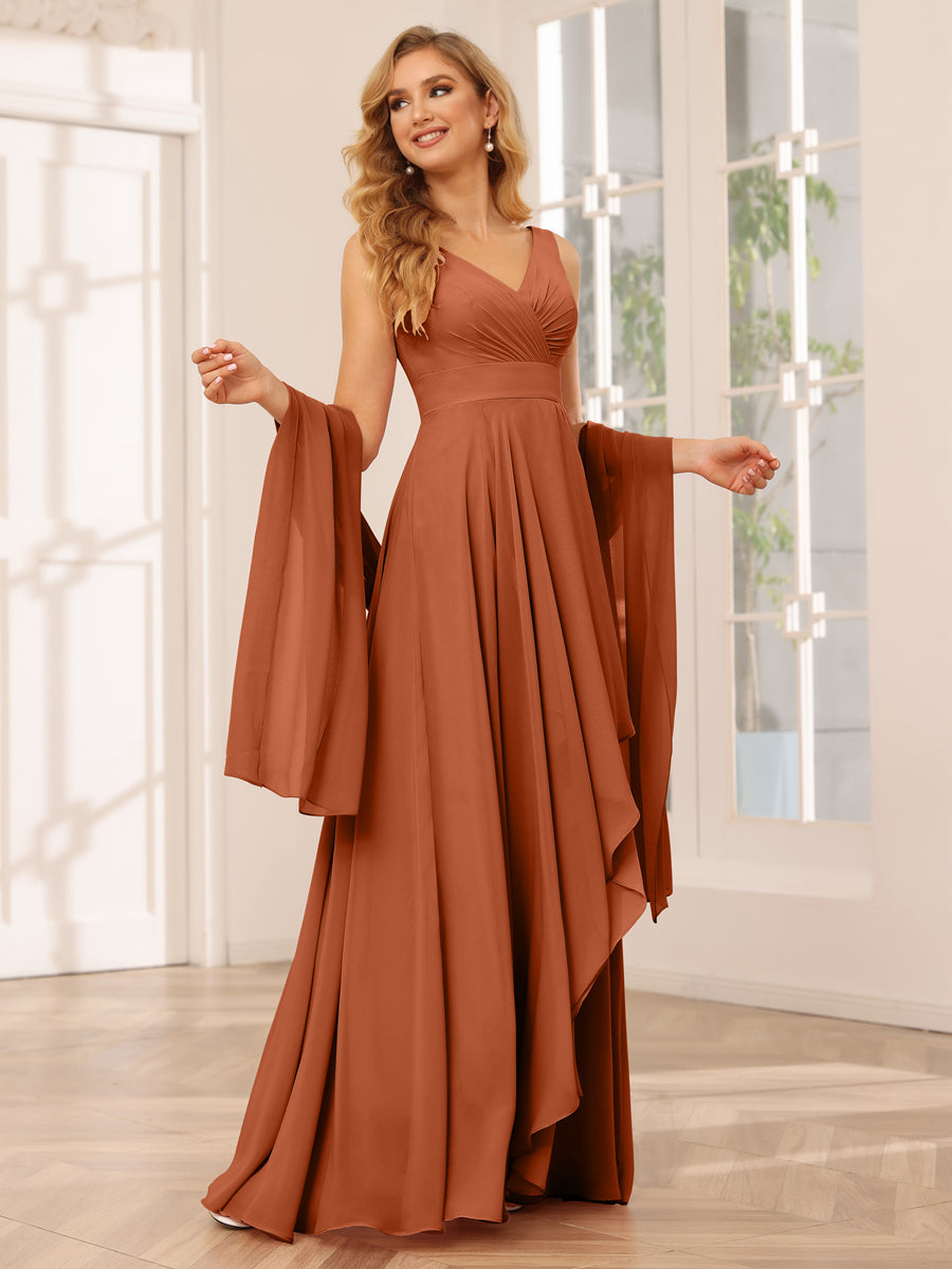 Vestidos de Dama de Honra Assimétricos Linha A/Princesa com Decote Em V e Babados