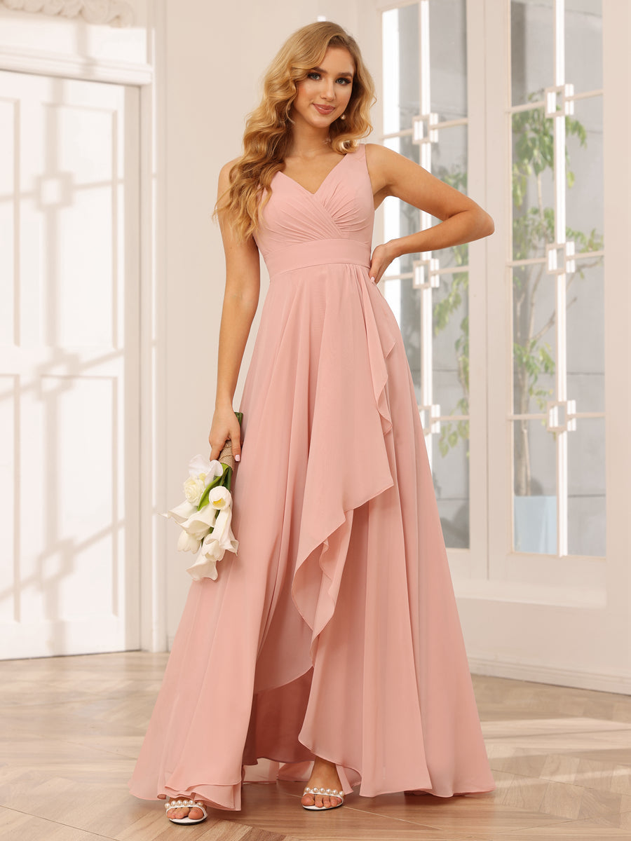 Vestidos de Dama de Honra Assimétricos Linha A/Princesa com Decote Em V e Babados