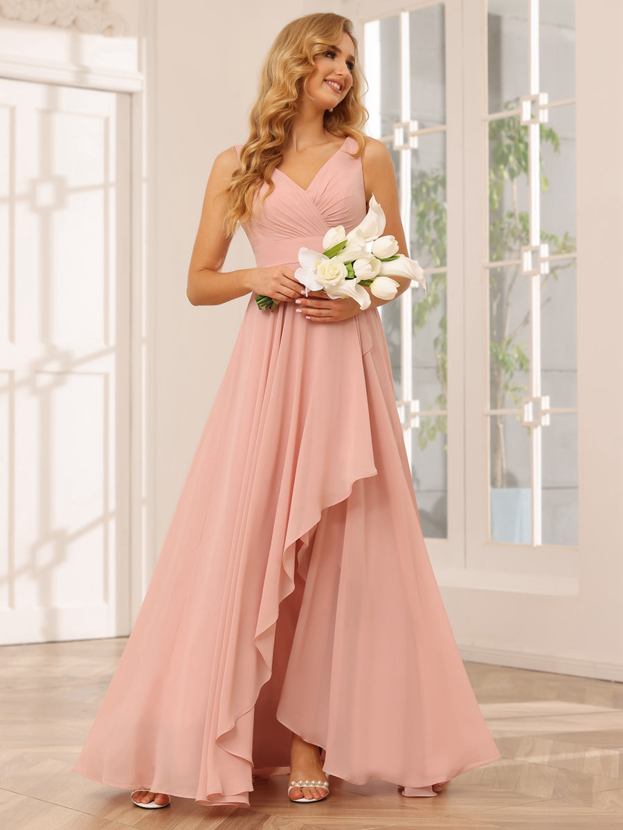Vestidos de Dama de Honra Assimétricos Linha A/Princesa com Decote Em V e Babados