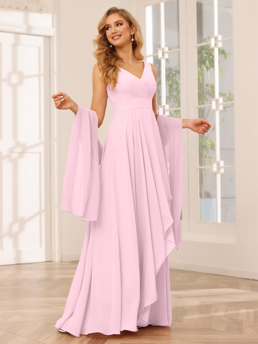 Vestidos de Dama de Honra Assimétricos Linha A/Princesa com Decote Em V e Babados