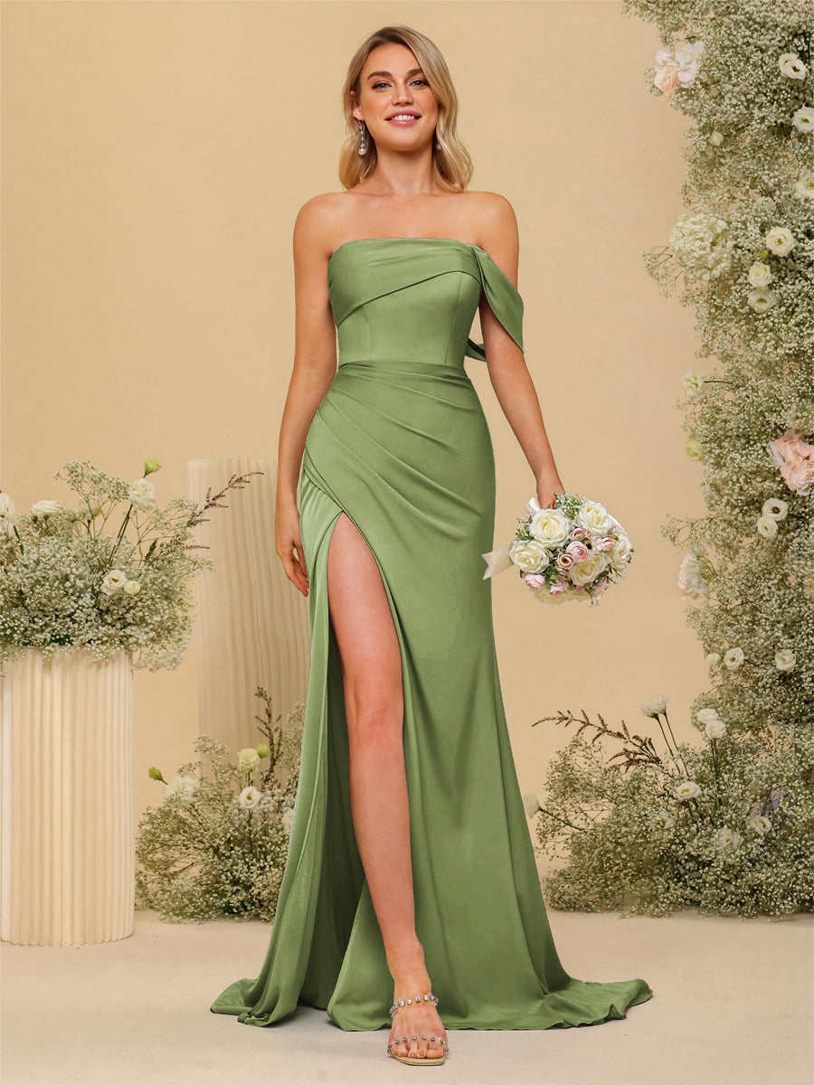 Vestidos Formais Longos com Bainha/Coluna Fora do Ombro e Laterais Divididas
