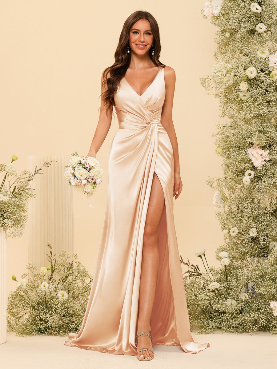 Vestidos Formais Longos com Bainha/Coluna e Decote Em V com Divisão Lateral e Franzido