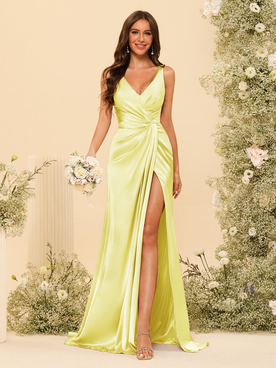Vestidos Formais Longos com Bainha/Coluna e Decote Em V com Divisão Lateral e Franzido