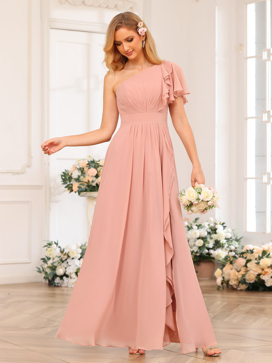 Vestidos Longos de Festa de Casamento com Um Ombro Só Corte A/Princesa e Lado Dividido
