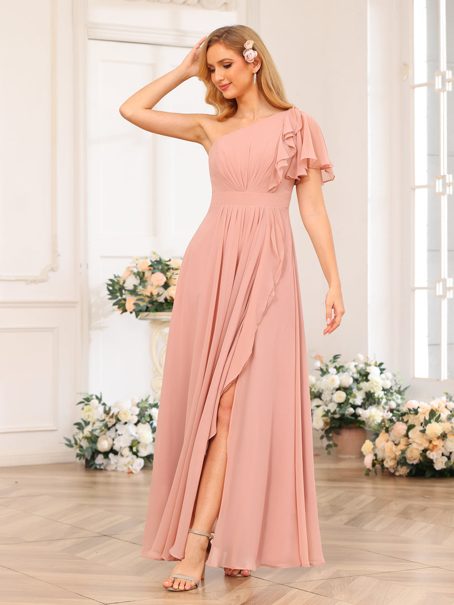 Vestidos Longos de Festa de Casamento com Um Ombro Só Corte A/Princesa e Lado Dividido
