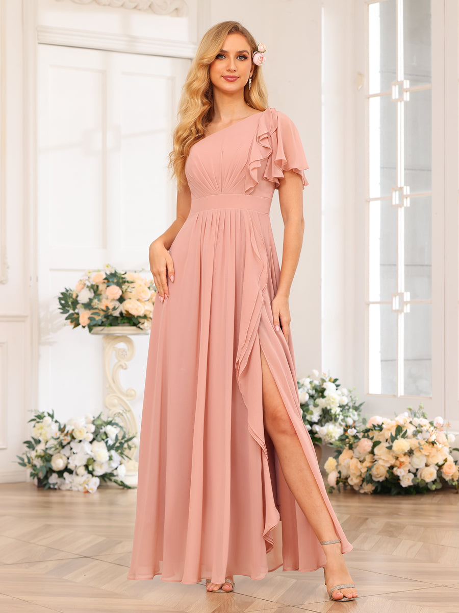 Vestidos Longos de Festa de Casamento com Um Ombro Só Corte A/Princesa e Lado Dividido