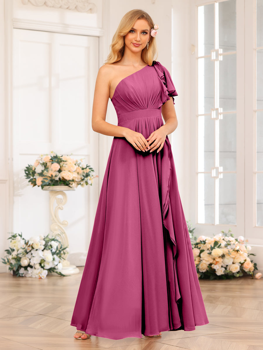 Vestidos Longos de Festa de Casamento com Um Ombro Só Corte A/Princesa e Lado Dividido