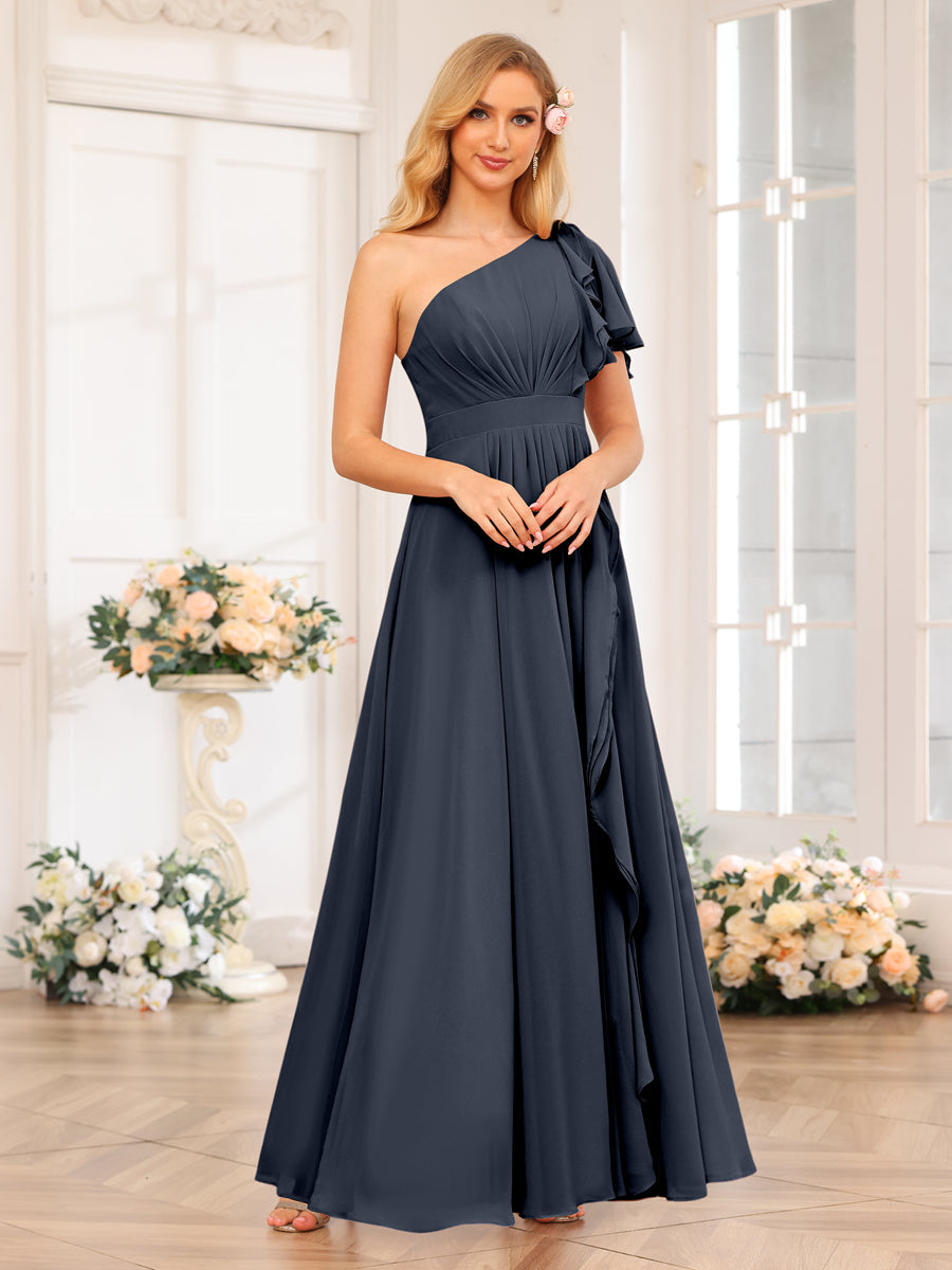 Vestidos Longos de Festa de Casamento com Um Ombro Só Corte A/Princesa e Lado Dividido