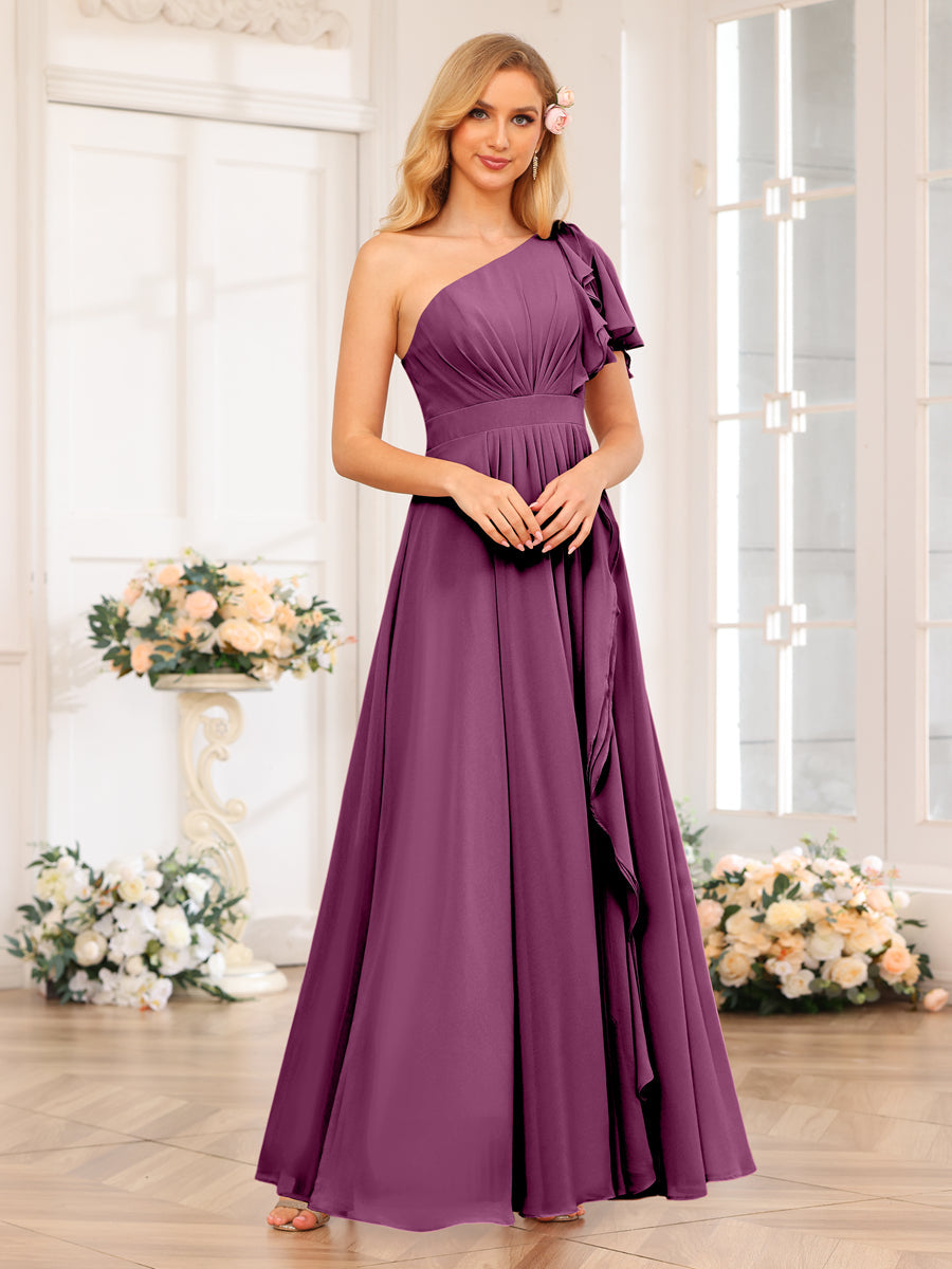 Vestidos Longos de Festa de Casamento com Um Ombro Só Corte A/Princesa e Lado Dividido