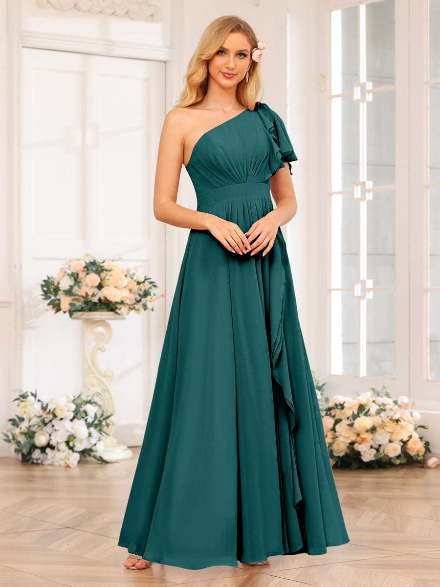 Vestidos Longos de Festa de Casamento com Um Ombro Só Corte A/Princesa e Lado Dividido