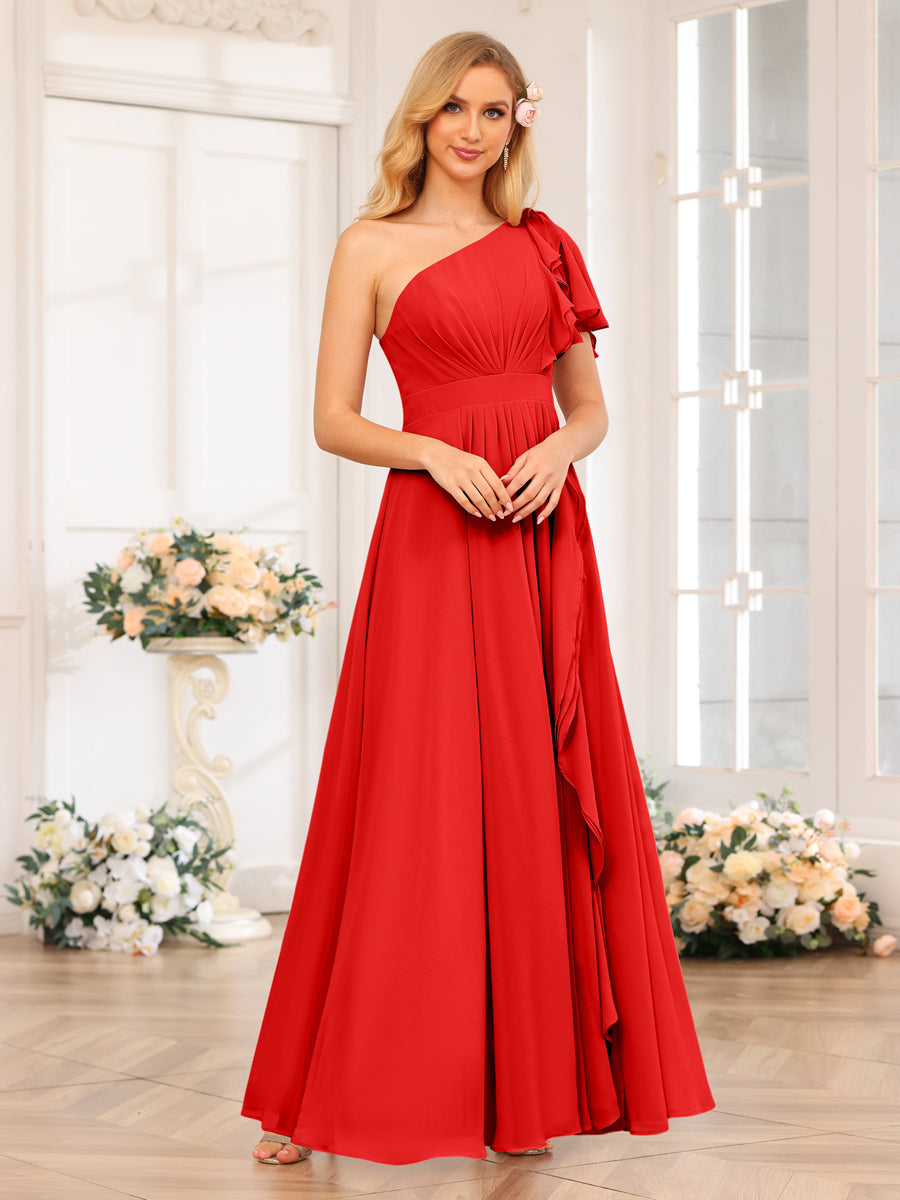 Vestidos Longos de Festa de Casamento com Um Ombro Só Corte A/Princesa e Lado Dividido