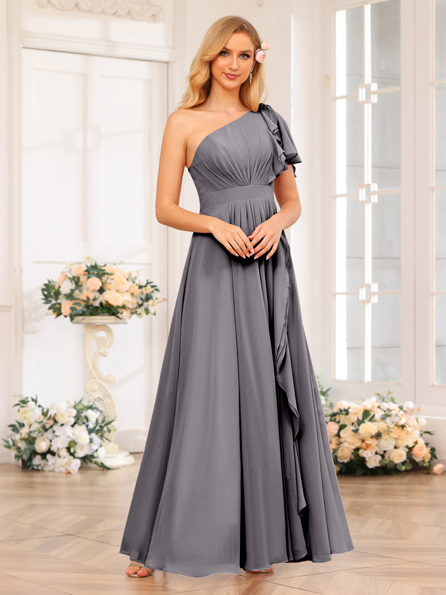 Vestidos Longos de Festa de Casamento com Um Ombro Só Corte A/Princesa e Lado Dividido