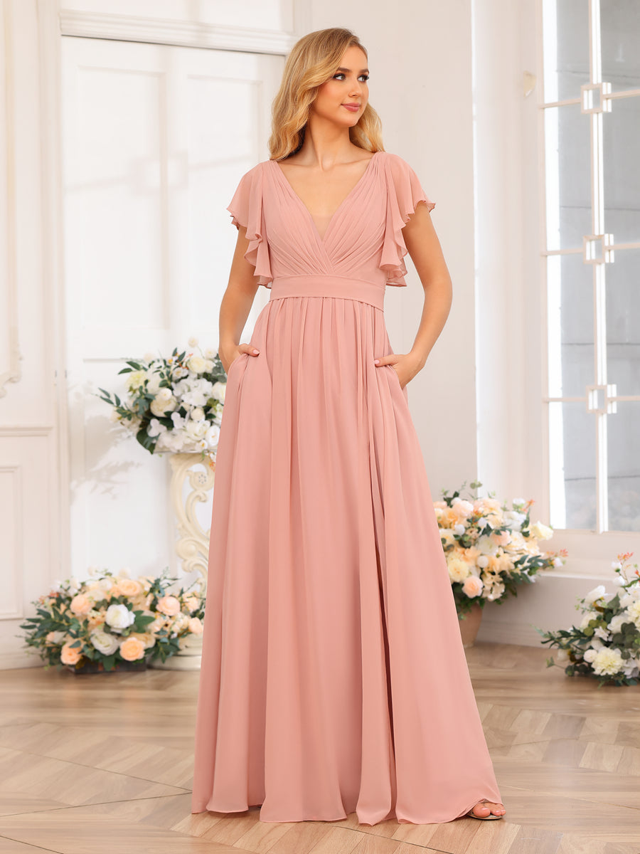 Vestidos Longos de Festa de Casamento com Decote Em V A-Line/Princesa com Laterais Divididas e Bolsos