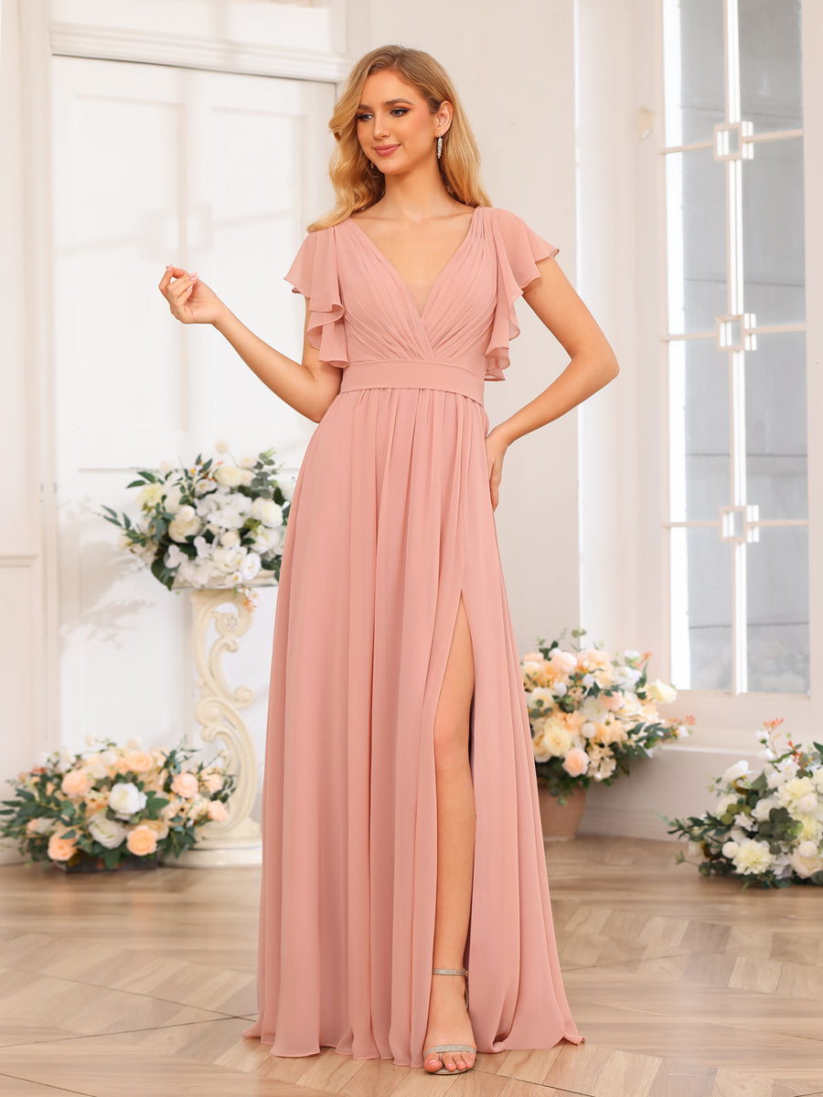 Vestidos Longos de Festa de Casamento com Decote Em V A-Line/Princesa com Laterais Divididas e Bolsos