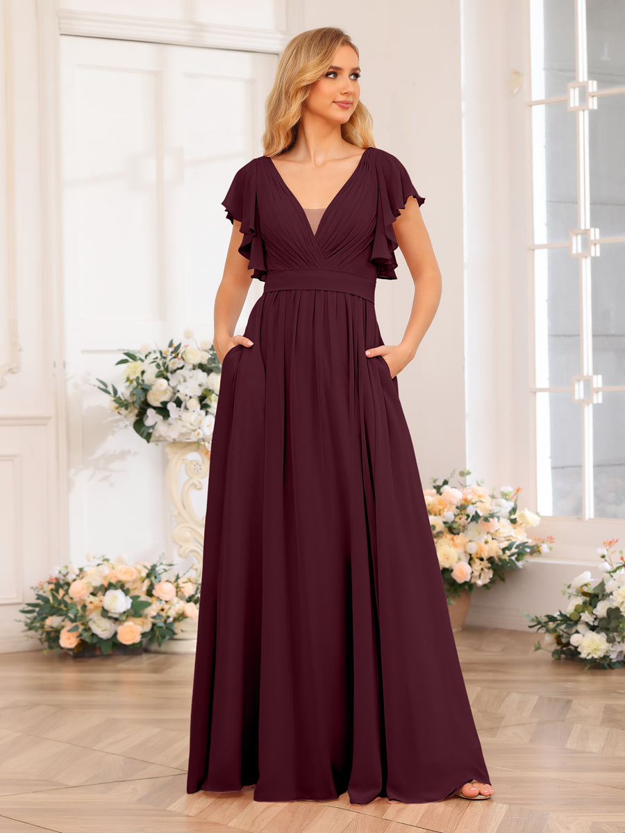Vestidos Longos de Festa de Casamento com Decote Em V A-Line/Princesa com Laterais Divididas e Bolsos